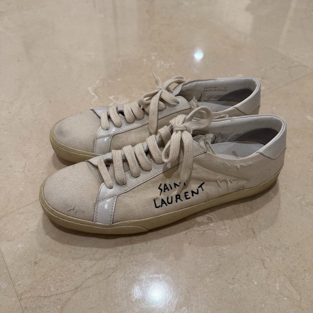Saint Laurent Andy Shoe Distressed Canvas Classic Court Sneakers SZ 9, Off White - Picture 3 of 7